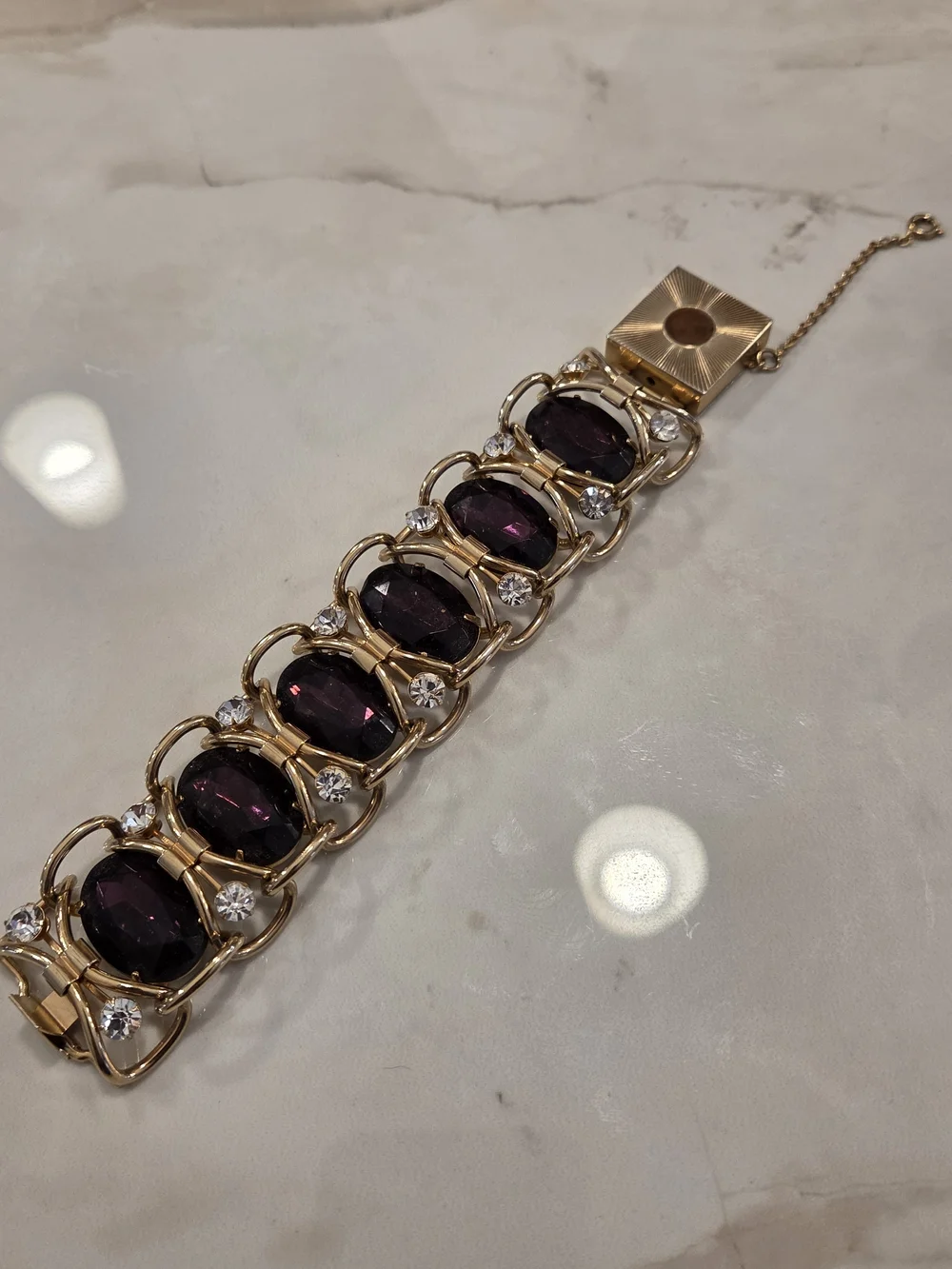 Gold Bracelet with Deep Purple Gemstones and Clear Accents - Picture 7 of 7